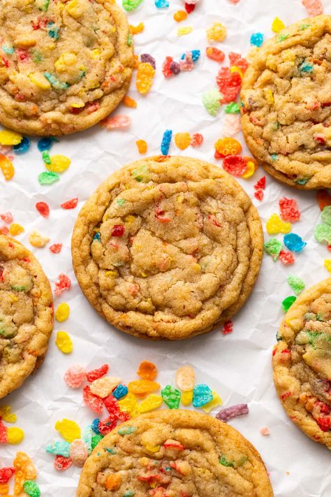 These colorful and fun fruity pebbles cookies are a delicious treat that is really easy to make and super nostalgic! Cookie Recipes Fruity Pebbles, Fruity Pebbles Cake Pops, Coco Pebbles Cookies, Fruity Pebble Desserts, Fruity Pebbles Rice Crispy Treats, Fruity Pepples, Fruity Pebbles Cookies, Fruity Pebble Cupcakes, Nostalgic Recipes