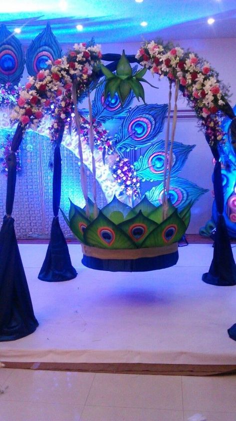 latest birthday balloon decorations at home ideas Cradle Ceremony Decoration, Cradle Decoration, Ganpati Decoration Theme, Naming Ceremony Decoration, Cradle Ceremony, Ganpati Decoration At Home, Janmashtami Decoration, Ganapati Decoration, Decoration For Ganpati