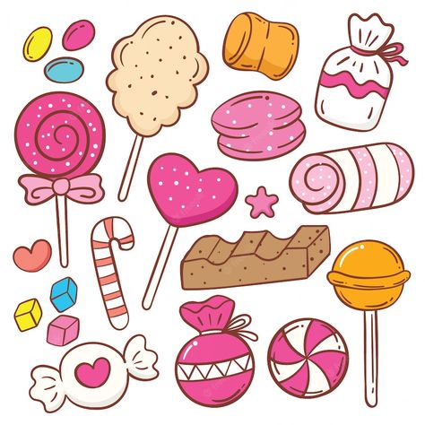 Premium Vector | Cute sweets cartoon doodle set Cute Sweets Drawing, Candy Drawing, Sweet Drawings, Food Doodles, Kids Doodles, Candy Art, Easy Coloring Pages, Cute Candy, Kawaii Doodles