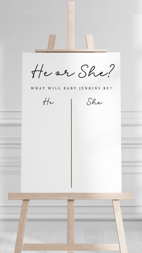 He or She Baby Shower Game, What will Baby Be? in a Minimal elegant theme Shown printed on an Easel Gender Guessing Ideas, Gender Reveal Ideas Games, Gender Reveal Games Ideas, Gender Reveal Games For Guests, Gender Reveal Games Activities, Baby Gender Reveal Party Games, Gender Reveal Board, Gender Reveal Activities, Guess The Gender