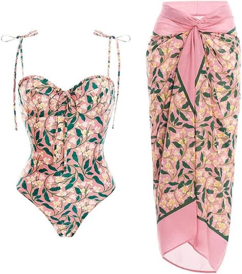 IDOPIP Women's One Piece Swimsuit with Cover up Beach Skirt Retro Floral Printed Swimsuit Bathing Suit Halter Monokini Swimwear Sarong Coverups Two Piece Bikini Set Beachwear Pink - Spaghetti Straps M at Amazon Women’s Clothing store Swimsuit With Cover Up, Chiffon Beach Dress, Plus Size One Piece, Monokini Swimsuits, Beach Skirt, One Piece For Women, Sarong, Beach Dress, Wrap Skirt