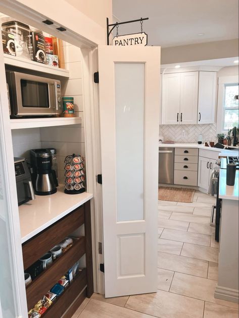 Pantry with coffee bar inside Butler Pantry Coffee Station, Closet Pantry With Microwave, Coffee Station And Pantry, Small Pantry With Coffee Station, Coffee Pot In Pantry, Small Pantry With Beverage Fridge, Closet To Coffee Station, Coffee Bar With Pantry, Small Pantry Coffee Bar