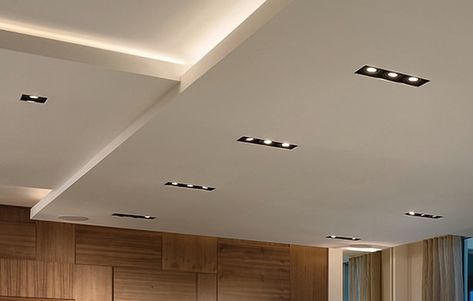 Recessed Lighting In Office, Spotlight Bedroom Lighting, Led Spotlight Ceiling Living Rooms, Recessed Lighting Ideas Living Room Master Bedrooms, Trimless Recessed Lighting, Square Recessed Lighting Ceilings, Square Ceiling Design, Square Can Lights, Kitchen Recessed Lighting Layout