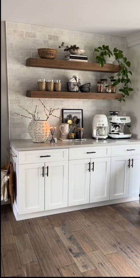 Butcher Block Countertops Basement Bar, Floating Shelves Kitchen Blank Wall, C Kitchen Design, Coffee Nook In Dining Room, Kitchen Nook Bar Ideas, Farmhouse Black Accents, Dry Bar Ideas Dining Room, Secondary Kitchen Ideas, Kitchen Decoration Ideas Wall