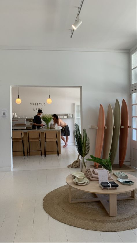 Surf Chic Decor, Surf Home Aesthetic, Surf Modern Interior, Surfing House Aesthetic, Surfboard Living Room, Beach Salon, Surfboard In Living Room, Industrial Coastal Decor, Surf Aesthetic Room