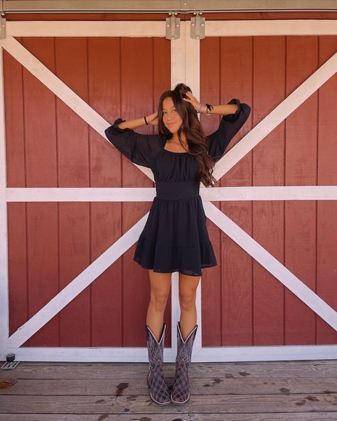 Country Sundress With Boots, Cute Outfits Cowboy Boots, Dress Up Country Outfits, Boots With Hoco Dress, Long Sleeve Country Dress, Country Concert Outfit Skirt Cowgirl Boots, Cowgirl Boots Formal Outfit, Long Sleeve Dress With Cowgirl Boots, Country Winter Formal Dresses