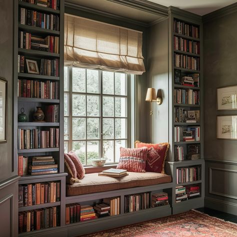 Small In Home Library Ideas, Over The Window Bookshelf, Below Window Bookshelves, Bookshelf In Wall Built Ins, Library Room With Window Seat, Bookshelves With Window In Middle, Window Bench Bookshelf, Book Nook By Window, Bookcase With Reading Nook