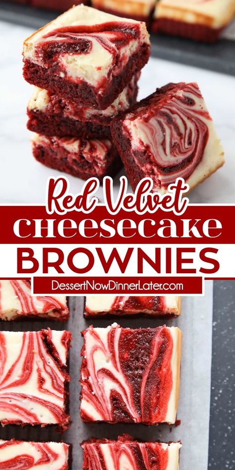 These Red Velvet Cheesecake Brownies combine two delicious desserts into one. Fudgy red velvet brownies swirled together with creamy vanilla cheesecake. These dessert bars look as good as they taste. Red Velvet Cheesecake Brownies, Cheesecake Swirl Brownies, Velvet Brownies, Red Velvet Brownies, Velvet Cheesecake, Red Velvet Cheesecake, Brownie Desserts, Cheesecake Brownies, Easy Baking Recipes Desserts