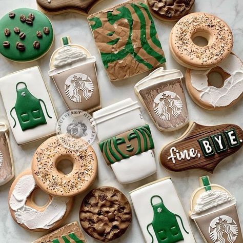 Starbucks Themed Cookies, Coffee Bean Cookies Decorated, Bagel Cookies Decorated, Cookie Decorating Inspiration, Starbucks Cookies Decorated, Unique Sugar Cookies, Cookie Designs Birthday, Coffee Cookies Decorated, Decorated Sugar Cookies Ideas