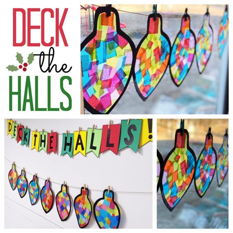 Deck the Halls with this free holiday banner. You can add any craft to your bulletin board or hallway walls but these stain glass Christmas bulbs are easy and fun for primary students pre-k, kindergarten or first-grade. This easy craft for kids will brighten your classroom and school. Christmas Crafts School Classroom, Kindergarten Christmas Decoration Ideas, Christmas 2nd Grade Crafts, Christmas Crafts Year 1, Kindergarten Xmas Crafts, Kindergarten Christmas Classroom Decor, Christmas Craft Ideas For Classroom, Christmas Projects For Kindergarten, Christmas Craft For Kindergarten