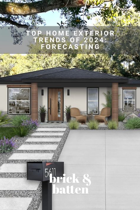 In this roundup of the top home exterior trends of 2024, we highlight design styles and elements, paint colors, and more that will be popular in the year to come. Check it out and let us know which trend you're most excited about: https://bit.ly/47Vecki Exterior Paint Colors For 80s House, Beige And Black Exterior House, Modern Colonial Homes Exterior, Single Story Home Exterior Ideas, Exterior House Colors For Stucco Homes, 2024 Home Exterior, Transitional Ranch Exterior, Repainting Stucco Exterior, How To Paint House Exterior