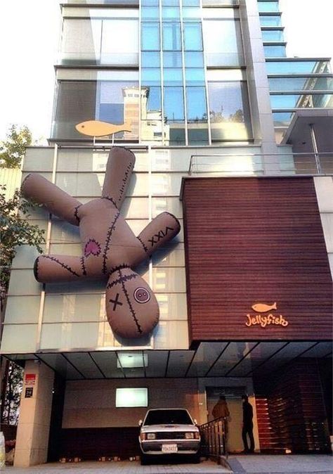 Jellyfish entertainment building, promoting VIXX's new album Voodoo....well that's one way to do it.... Vixx Voodoo Doll, Entertainment Building, Album Concept, You're Mine, Kang Yeo-sang, Jellyfish Entertainment, Voodoo Doll, Youre Mine, Voodoo Dolls