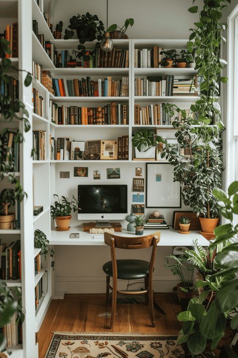 Small Library And Office Room, Scandinavian Home Library, Apartment Library Ideas, Small Office Library, Library Shed, Small Home Library, Studio Library, Casa Boho, Office Things