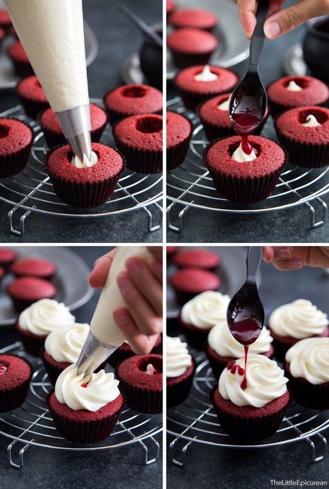 Bloody Red Velvet Cupcakes- The Little Epicurean Halloween Desserts Kids, Halloween Cupcakes Decoration, Cupcakes Red Velvet, Easy Halloween Cookies, Cupcakes Halloween, Halloween Cookie Recipes, Red Cupcakes, Raspberry Coulis, Halloween Cookies Decorated