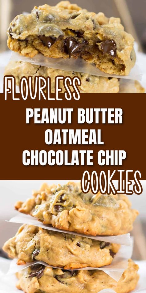 Flourless Peanut Butter Chocolate Chip Cookies, Peanut Butter Oatmeal Chocolate Chip, Peanut Butter Oatmeal Chocolate Chip Cookies, Cookies Sans Gluten, Butter Oatmeal Cookies, Flourless Cookies, Biscuits Diététiques, Gluten Free Chocolate Chip Cookies, Gluten Free Peanut Butter