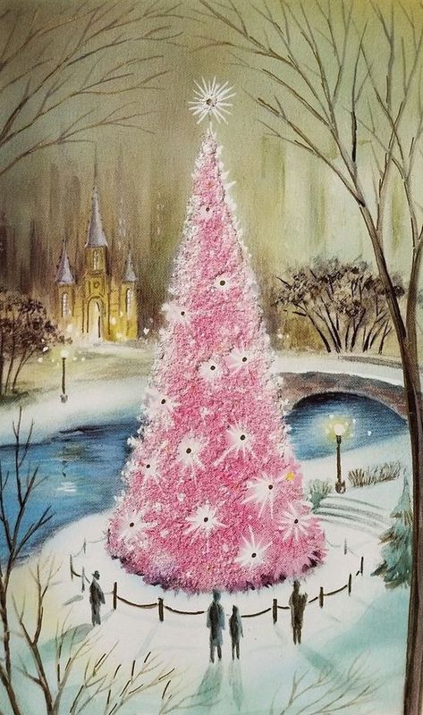 Vintage Pink Christmas, A Pink Christmas, Vintage Christmas Greeting Cards, Pink Xmas, Mid Century Christmas, Pink Christmas Tree, Christmas Greeting Card, Girls Play, Vintage Christmas Cards