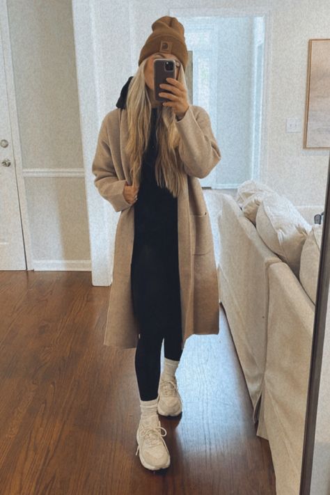 Sweats And Peacoat Outfit, Long Coat Sweatshirt Outfit, Over Coat Outfit Women, Leggings And Long Coat Outfit, Rink Outfit Mom, Peacoat Hoodie Womens Outfit, Hoodie With Long Coat, Women Long Coat Outfits, Sweats And Coat Outfit