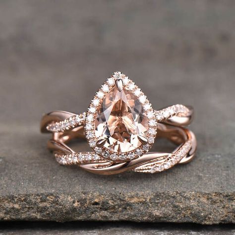 Morganite Engagement Rings | BBBGEM Morganite Ring Set, Twist Wedding Band, Opal Engagement Ring Set, Morganite Engagement Ring Set, Halo Engagement Ring Sets, Wedding Rings Rose Gold, Morganite Engagement, Engagement Rings Opal, Dream Engagement Rings