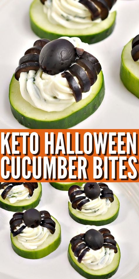 Keto Spider Cucumber Appetizer Bites #ketohalloweenspidercucumberbites #halloweenspidercucumberbites Halloween Cucumber Spider, Halloween Cucumber Sandwiches, Healthy Halloween Party Snacks, Easy Halloween Snacks Healthy, Halloween Keto Food, Vegetable Halloween Snacks, Halloween Apps Easy, Halloween Spider Food Ideas, Halloween Food Veggies