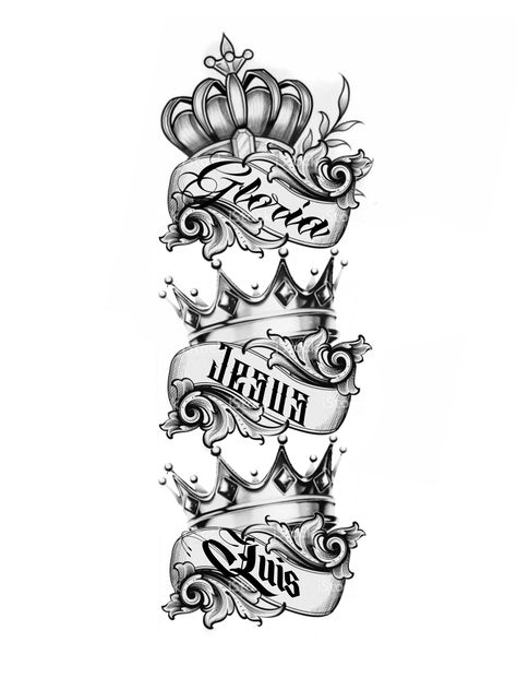 Last Names Tattoos, Daughter Name Tattoo For Men, Coronas Tattoo, Family Sleeve Tattoo, Last Name Tattoos, Family Name Tattoos, Crown Tattoos For Women, Scroll Tattoos, Leg Sleeve Tattoos