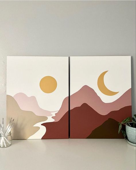 Painting Pair Canvas, Simple 2 Canvas Paintings, Simple Decor Paintings, Two Part Canvas Painting, Continuous Canvas Paintings, Easy Canvas Painting For Home Decor, Painting Ideas Two Canvas, Diy Easy Acrylic Painting, Minimalist Painting For Living Room