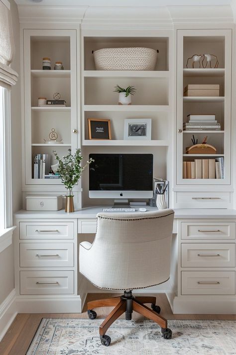 29 Tiny Office Space Ideas to Maximize Your Productivity - DeskHive Office Desk Cabinets Built Ins, Desk With Library, Office Design For Small Space, Built In Desk Cabinets, Built In Shelves With Drawers, Small Home Office Built Ins, Built In Craft Desk, Small Built In Desk And Shelves, Built In Workspace