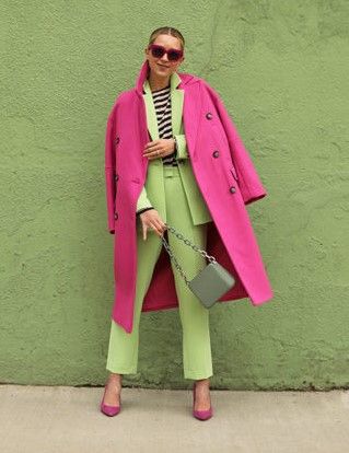 Fuschia Button Up Shirt Outfit, Lilac And Fuschia Outfit, Khaki Pink Outfit, Pink And Lime Green Outfits, Hot Pink And Green Outfit, Hot Pink Coat Outfit, Apple Green Outfit, Pink And Green Fashion, Pink Coat Outfit