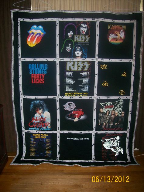 T-shirt quilt made from concert t-shirts Memorial Quilt, Pillow Ideas, T Shirt Quilt, Concert T Shirt, Memory Quilt, Shirt Quilt, Concert Tshirts, World Domination, Quilt Ideas