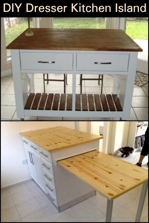 Why not turn an old dresser into a kitchen island! Kitchen Island With Pull Out Extension, Portable Island, Apartemen Studio, Dresser Kitchen, Dresser Kitchen Island, Wood And White, Organizer Kitchen, Diy Kitchen Island, Diy Dresser