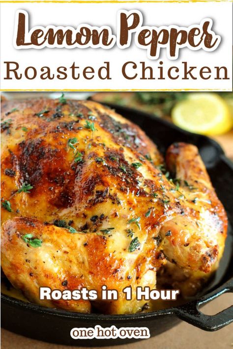 A baking pan with a roasted chicken. Lemon Pepper Roasted Chicken, Easy Roasted Chicken Recipes Oven, Lemon Pepper Cornish Hen Recipe, Best Way To Cook A Whole Chicken, Lemon Pepper Rotisserie Chicken Recipes, Baked Chicken Recipes Oven Whole, Whole Roasted Chicken Oven, Lemon Pepper Whole Chicken, Roasted Whole Chicken Oven