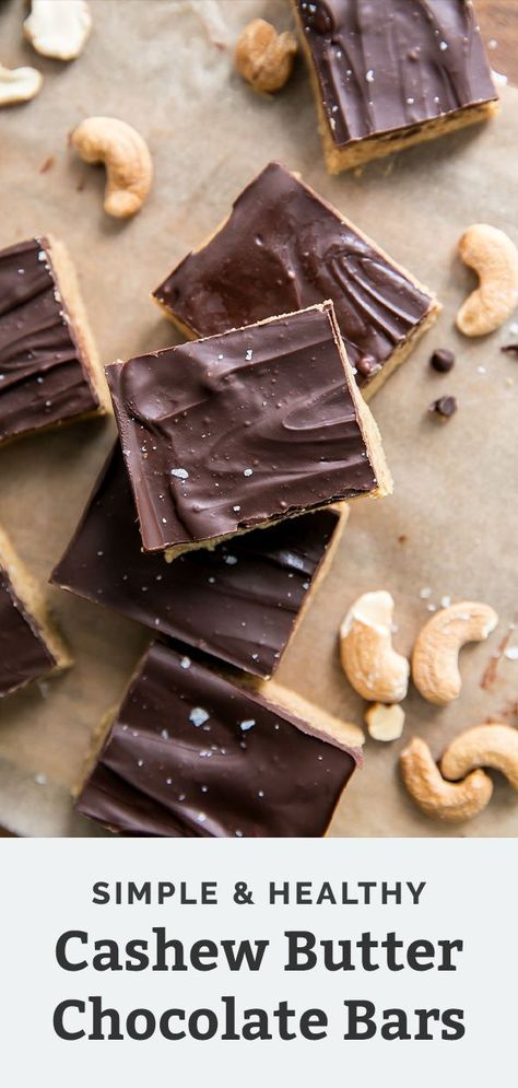 These No-Bake Chocolate Cashew Butter Bars double as a protein bar recipe and a healthy dessert. It's an irresistible dark chocolate protein bar recipe that requires just one bowl and a fridge. Vegan and Gluten-Free, too! #cashewbutterbars #proteinbarrecipes #healthydessert #veganprotein #nobake Chocolate Protein Bar, Chocolate Cashew Butter, Protein Bar Recipe, Chocolate Cashew, Fit Mitten Kitchen, Butter Desserts, Chocolate Protein Bars, Easy Clean Eating Recipes, Protein Bar Recipes