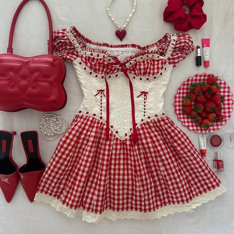 it’s holiday time ☀️ a few sneak peaks of some outfits 🌷 Cherry Print Outfit, Cute Red Outfits Aesthetic, Strawberry Shortcake Inspired Outfit, Red Aesthetic Outfits, Cherry Inspired Outfit, Lovecore Outfits, Sweetheart Outfit, Americana Coquette, Strawberry Coquette