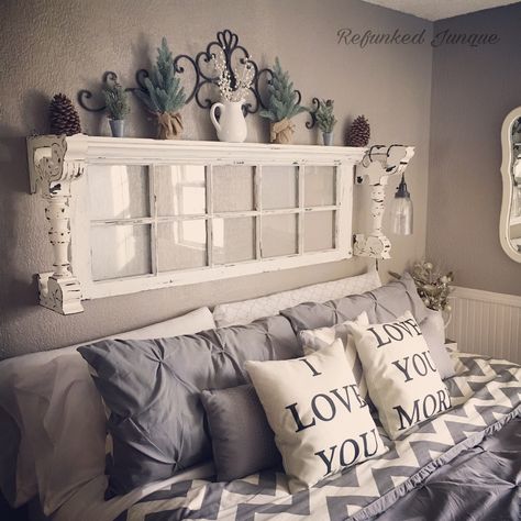 Old window and corbels Window Frame Decor Bedroom, Window Frame Headboard Ideas, Swag Over Bed, Headboard Made From Old Windows, Old Window Above Bed, Vintage Window Headboard, Farmhouse Headboard Ideas Wood, Old Window Headboard Ideas, Shelf Over Window Bedroom