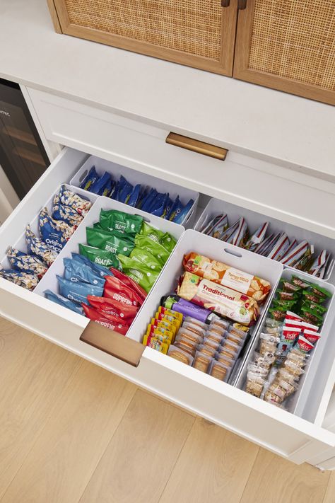 Snack drawer Snack Drawer In Kitchen, Pantry Snack Drawer, Kitchen Snack Drawer, Pantry With Drawers Organization, Snack Cart Bedroom, Teacher Snack Drawer, Desk Snacks Drawer, Snack Cupboard Organization, Office Snack Drawer