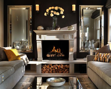 Terraced Penthouse - Contemporary - Living Room - London - by Zephyr Interiors | Houzz Fake Fireplace Mantel, Bungalow Living Room, Antique Mirror Tiles, London Living Room, Fake Fireplace, Stove Accessories, Kitchen Fireplace, London Apartment, Neutral Living Room