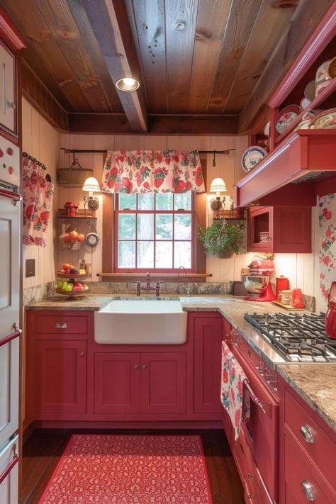 cute pink and red kitchen strawberry theme Fruit Theme Kitchen Decor, Fruit House Decor, Vintage Strawberry Decor, Vintage Modern Kitchen Ideas, Pink Strawberry Kitchen, Red Retro Kitchen, Strawberry Kitchen Decor Ideas, Vintage Strawberry Kitchen, Strawberry Shortcake Kitchen