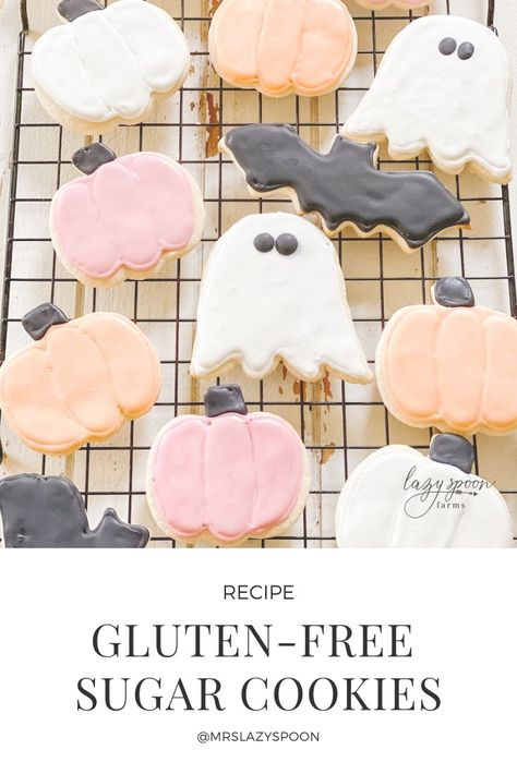 Sugar Cookie Gluten Free Recipe, Gluten Free Icing For Cookies, Halloween Baking Gluten Free, Gf Sugar Cookies Recipe, Best Gluten Free Sugar Cookies Cut Out, Gluten Free Cut Out Cookies Easy, Gluten Free Sugar Cookie Icing, How To Make Gluten Free Cookies, Gluten Free Sugar Cookie Recipe Cut Out