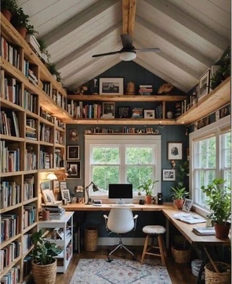 Art Studio And Reading Room, Library Room At Home, Tiny House Library Ideas, Art Studio Library, Small She Shed Interiors Decor, Library Shed Backyards, She Shed Reading Nook, Craft Room Library Combo, She Shed Book Nook