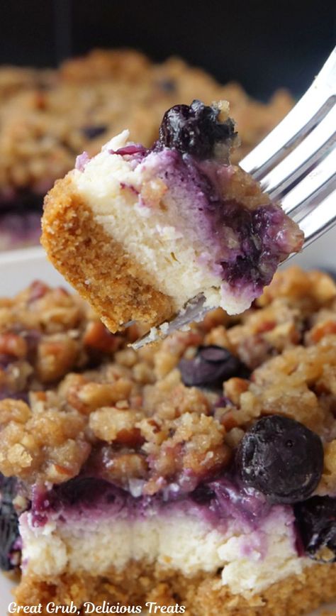 A bite of blueberry cheesecake on a fork. Blueberry Recipes Easy, Fresh Blueberry Recipes, Blueberry Desserts Recipes, Blueberry Cheesecake Bars, Rich Cheesecake, Pecan Topping, Blueberry Topping, Cheesecake Bar Recipes, Blueberry Desserts