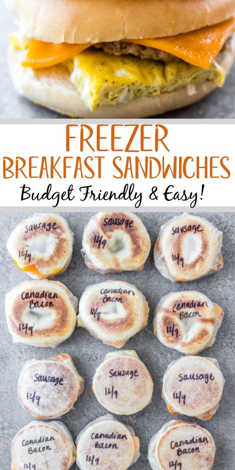 These make ahead freezer breakfast sandwiches are easy, delicious and budget friendly. They're made with baked eggs, your choice of Canadian bacon, sausage patties or bacon, and bagels or english muffins. Having a stash of quick breakfast options that you can grab and go makes early mornings so much easier. They're also a great gift for a new mom or someone recovering from surgery! You can take them to work, to go camping, while traveling, and more! #freezerrecipes #freezerbreakfast Make Ahead Freezer Breakfast, Premade Breakfast, Freezable Breakfast, Sausage Breakfast Sandwich, Freezer Breakfast Meals, Breakfast Sandwiches Frozen, Healthy Breakfast Sandwich, Bagel Breakfast Sandwich, Sausage Patties