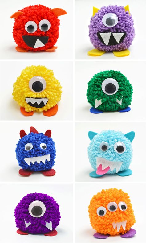 Pom Pom Monsters, Paper Mosaics, Yarn Monsters, Pet Monster, Yarn Animals, Pom Pom Animals, Easy Yarn Crafts, Monster Craft, Felt Yarn