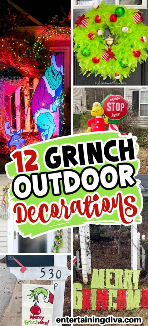 12 Awesome Grinch Outdoor Christmas Decor Ideas | Grinch Christmas Ideas Diy Christmas Decorations For Outside Grinch, Whoville Front Porch, Christmas Decor Ideas Outdoor Grinch, Grinch Christmas Tree Outdoor, Whoville Porch Decorations, Grinch Themed Yard Decorations, Diy Holiday Yard Decor, Outdoor Christmas Decorations Archway, Grinch Lamp Post