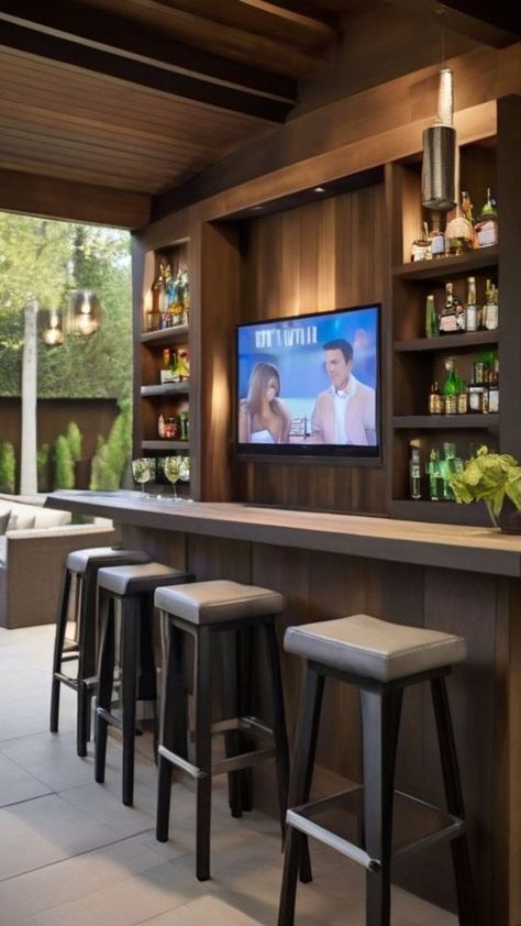 Veranda Bar Ideas, Outdoor Kitchen Tv Wall, Bar Tv Wall, Backyard Tv Ideas, Tv Bar Wall Ideas, Outdoor Bar With Tv, Outdoor Tv Ideas Patio Design, Bar With Tv, Bar Wall Ideas