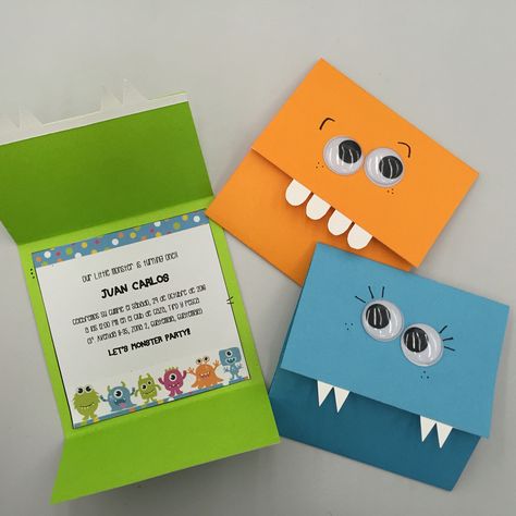 Birthday Invitation Card Handmade, Easy Birthday Invitations Diy, Monster Cards Handmade, Birthday Invitation Card Ideas Diy, Bday Invitation Cards For Kids, Diy Birthday Invitations Kids, Kids Birthday Card Ideas, Diy Invitations Birthday, Birthday Invitation Card Diy