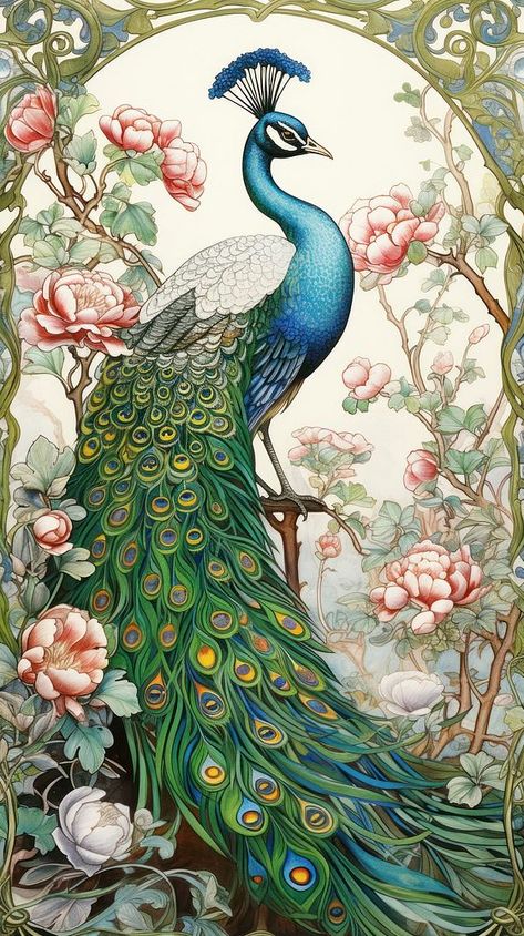 An art nouveau drawing of peafowl painting peacock animal. | premium image by rawpixel.com / Ling Peacock Art Poster, Peacocks Paintings, Peacock Art Painting, Peacock Drawing Images, Art Nouveau Animals, Roses Iphone Wallpaper, Art Nouveau Drawing, Jack Drawing, Peacock Background