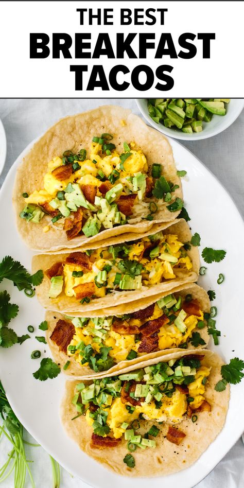 Breakfast tacos lined up on a plat Best Breakfast Tacos, Breakfast Tacos Recipe, Summer Breakfast, Bacon Breakfast, The Best Breakfast, Breakfast Tacos, Breakfast Menu, Best Breakfast Recipes, Breakfast Meal Prep