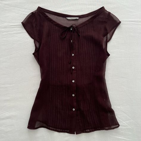 ୨ vintage wrap burgundy brown blouse ୧‬ ╴ ╴ ╴ ╴❀ ╴... - Depop Brown Aesthetic Clothing, Classy Shirts, Blouse Aesthetic, Parisian Chic Outfits, Burgundy And Brown, Y2k Blouse, Blouse Y2k, Vintage Blouses, Fitted Blouse