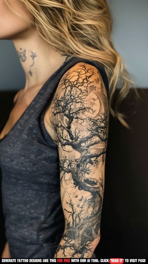 Tattoos Across Back Women, Hunting Sleeve Tattoo Women, 3d Tattoo Designs Ideas, Tree Tattoos For Women Arm, Tree Sleeve Tattoo Women, Tree Back Tattoo Women, Arm Tree Tattoo, Dark Tree Tattoo, Fairy Tattoo Sleeve