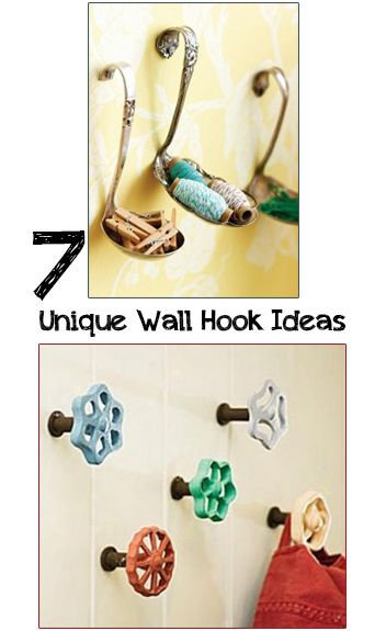 7 Unique Wall Hooks- fun design tricks with hooks and Ways to upcycle household items into creative wall hooks.  Cool ideas~ Decorative Wall Hooks Diy, Creative Wall Hooks, Hanging Hooks Ideas, Diy Hooks For Hanging, Hooks On Wall Entryway, Wall Hook Ideas, Coat Hooks Diy, Coat Hook Ideas, Wall Hooks Ideas