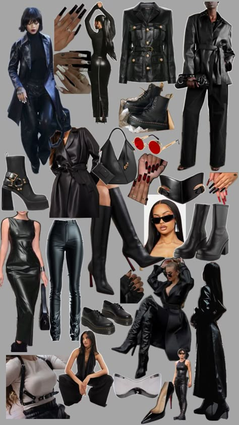 Dark femme fatale mood board Dark Feminine Club Outfits, Mob Wife Jewelry Aesthetic, Dark Famine Aesthetic, Feme Fatal Outfits, Dark Femme Fatale Outfits, Vampire Fashion Modern, Female Fatale Aesthetic Outfits, Dark Feminine Style Outfits, Femme Fatale Casual Outfits